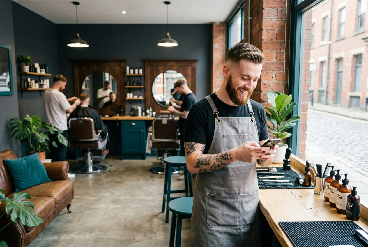 A local barber checking his bookings on his phone