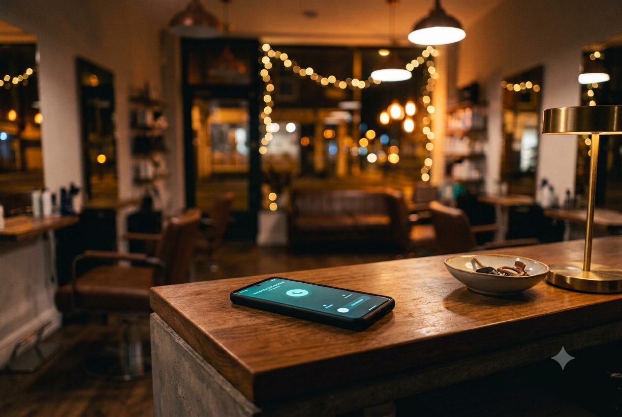 A phone answering a call on a salon counter after hours